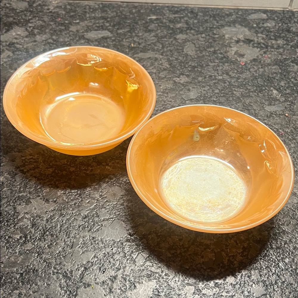 Set of 2 Fire King Peach Luster Laurel Leaf Bowl. Iridescent. Very good con